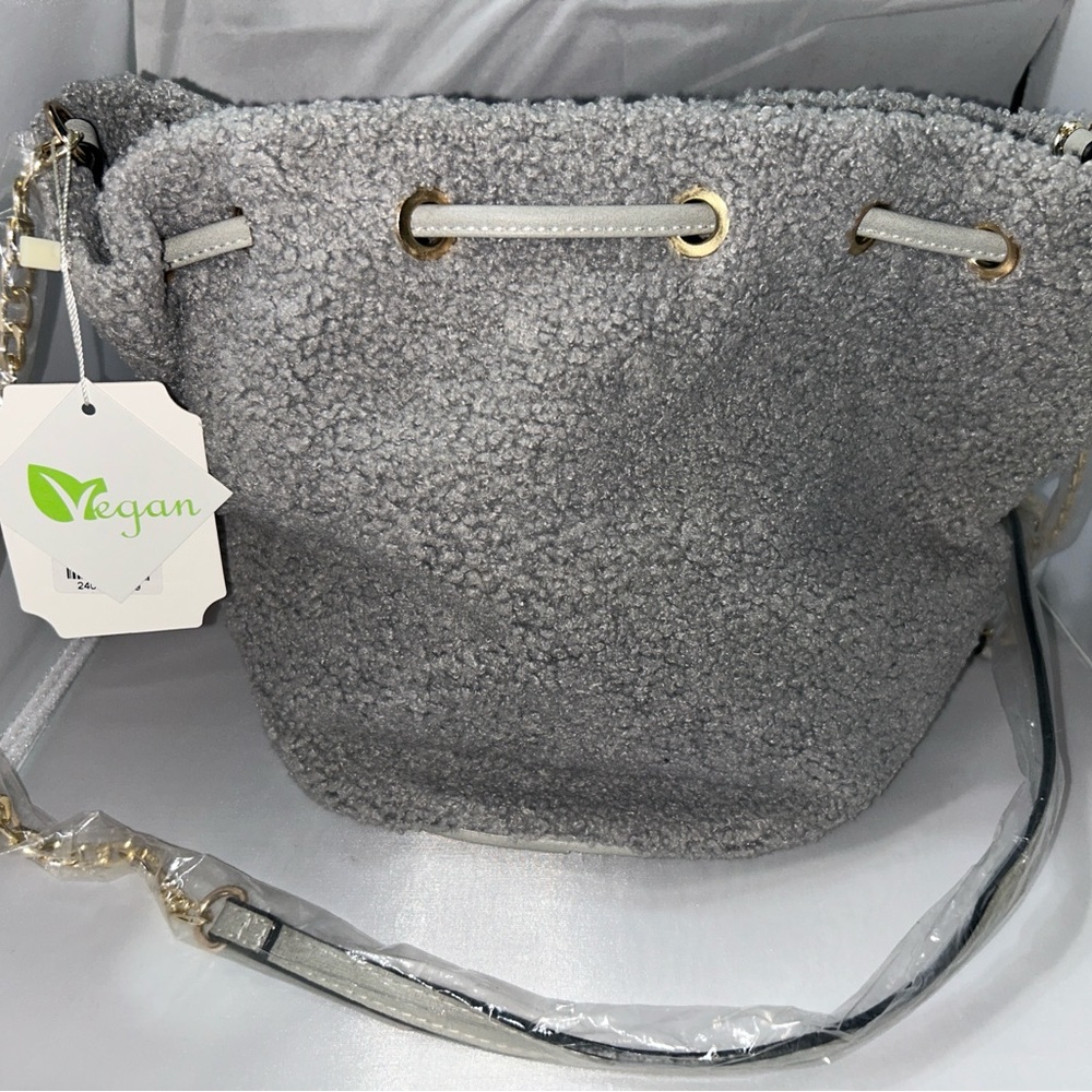 Light Gray Vegan Sherpa Drawstring Bucket Bag